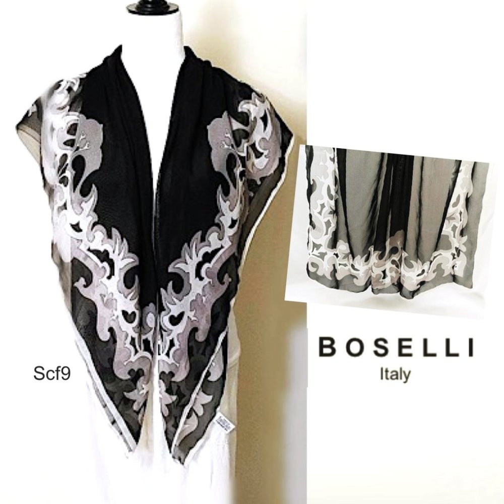 BOSELLI Black White Grey Scarf Sheer Square Shape Paisley print Polyester 40x40"
